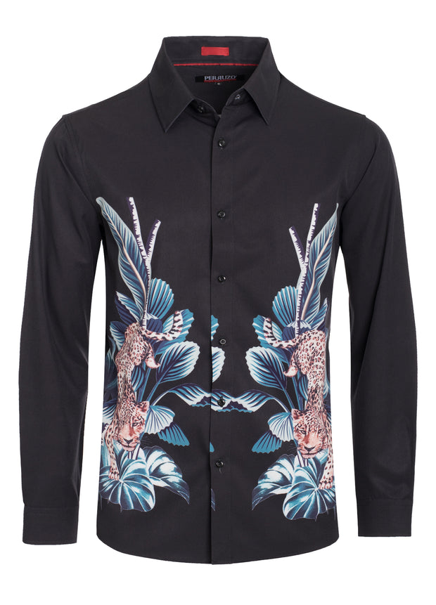 Black Leopard Digital Printed Design Stretch L/S Shirt (4846) BAKLLIN-7953